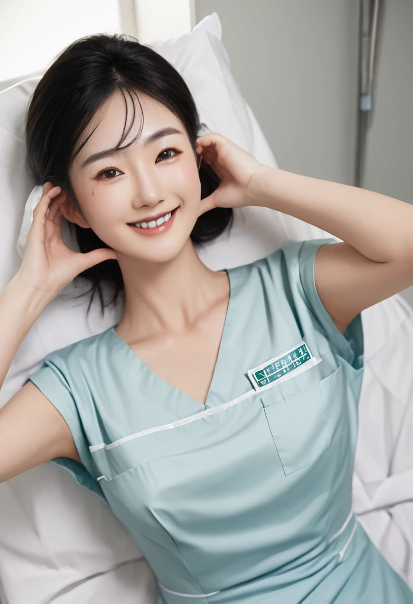 (medium shot), 1girl, (cheek heart:1.4), smiling beautiful Japanese female nurse wearing fitted aqua nurse dress, beautiful detailed face, Japanese woman, sitting, black hair, pale skin, realistic skin, detailed cloth texture, detailed hair texture, Perfect proportion, accurate, Anatomically correct, Highly detailed face and skin texture, modern hospital bed, photorealistic