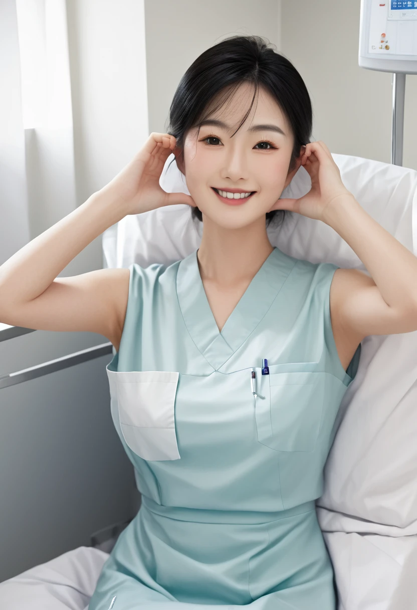 (medium shot), 1girl, (cheek heart:1.4), smiling beautiful Japanese female nurse wearing fitted aqua nurse dress, beautiful detailed face, Japanese woman, sitting, black hair, pale skin, realistic skin, detailed cloth texture, detailed hair texture, Perfect proportion, accurate, Anatomically correct, Highly detailed face and skin texture, modern hospital bed, photorealistic