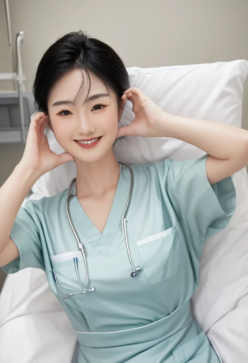 (medium shot), 1girl, (cheek heart:1.4), smiling beautiful Japanese female nurse wearing fitted aqua nurse dress, beautiful detailed face, Japanese woman, sitting, black hair, pale skin, realistic skin, detailed cloth texture, detailed hair texture, Perfect proportion, accurate, Anatomically correct, Highly detailed face and skin texture, modern hospital bed, photorealistic