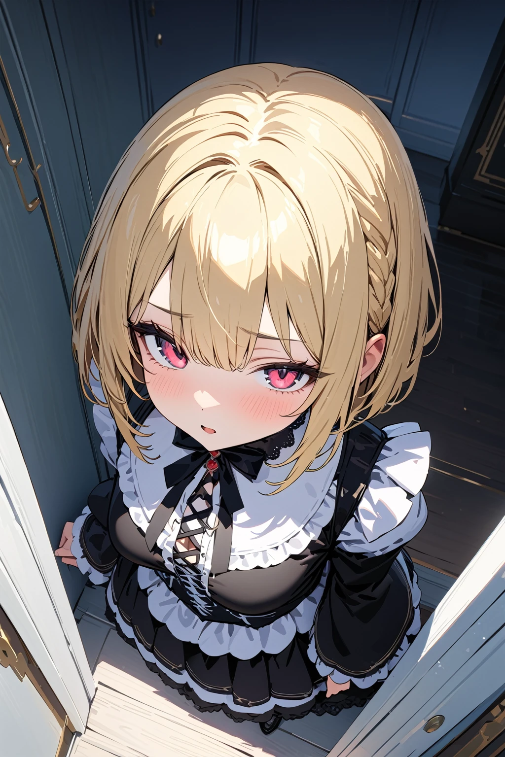 (masterpiece, best quality:1.5), (ultra detailed, high resolution, 8k, beautiful detailed, UHD, best anatomy), blonde bob cut hair, medium breasts, 1 cute small girl, thin white Gothic ta, from above, upturned eyes, One eye color is different from the other