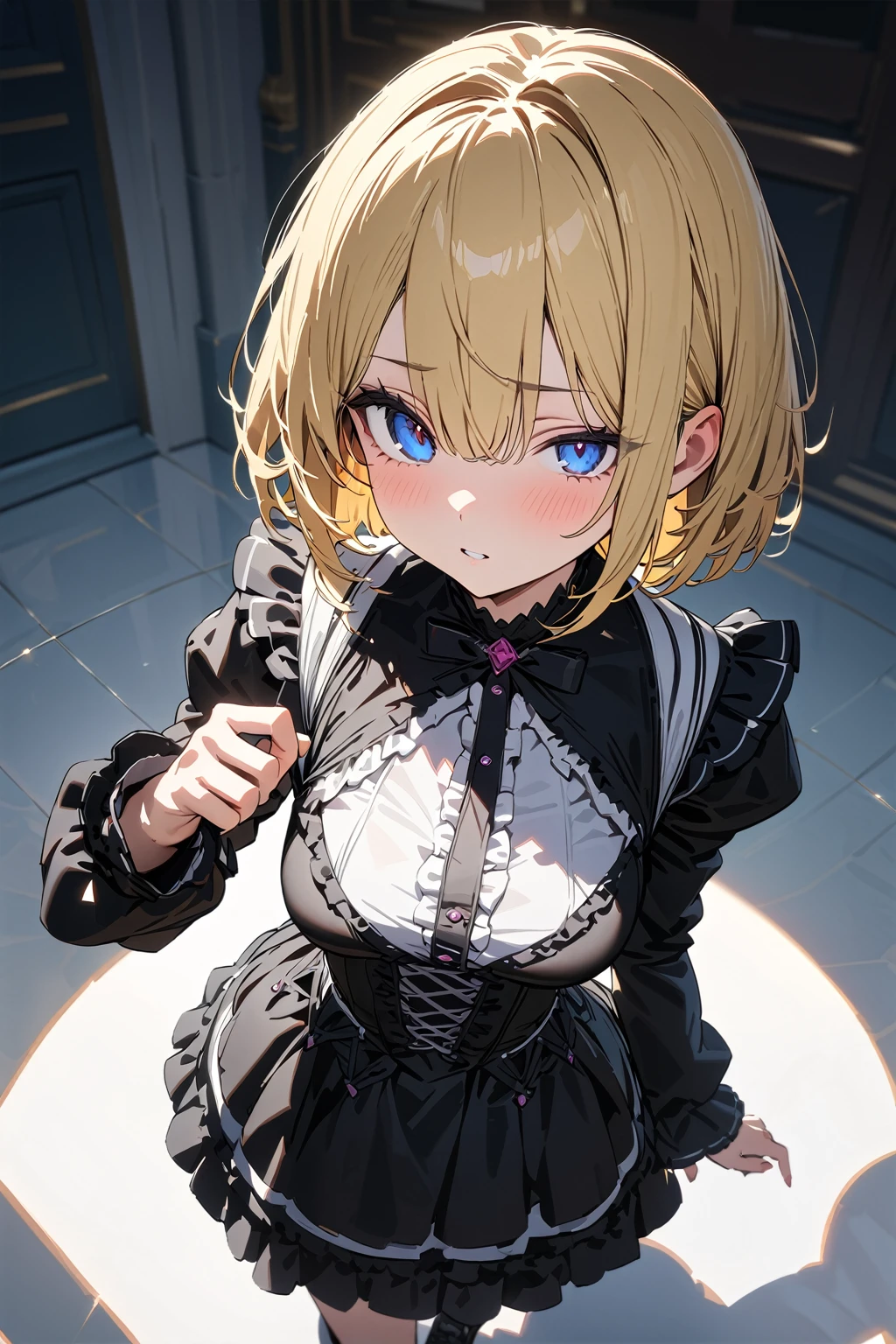 (masterpiece, best quality:1.5), (ultra detailed, high resolution, 8k, beautiful detailed, UHD, best anatomy), blonde bob cut hair, medium breasts, 1 cute small girl, thin white Gothic Lolita, from above, upturned eyes, One eye color is different from the other