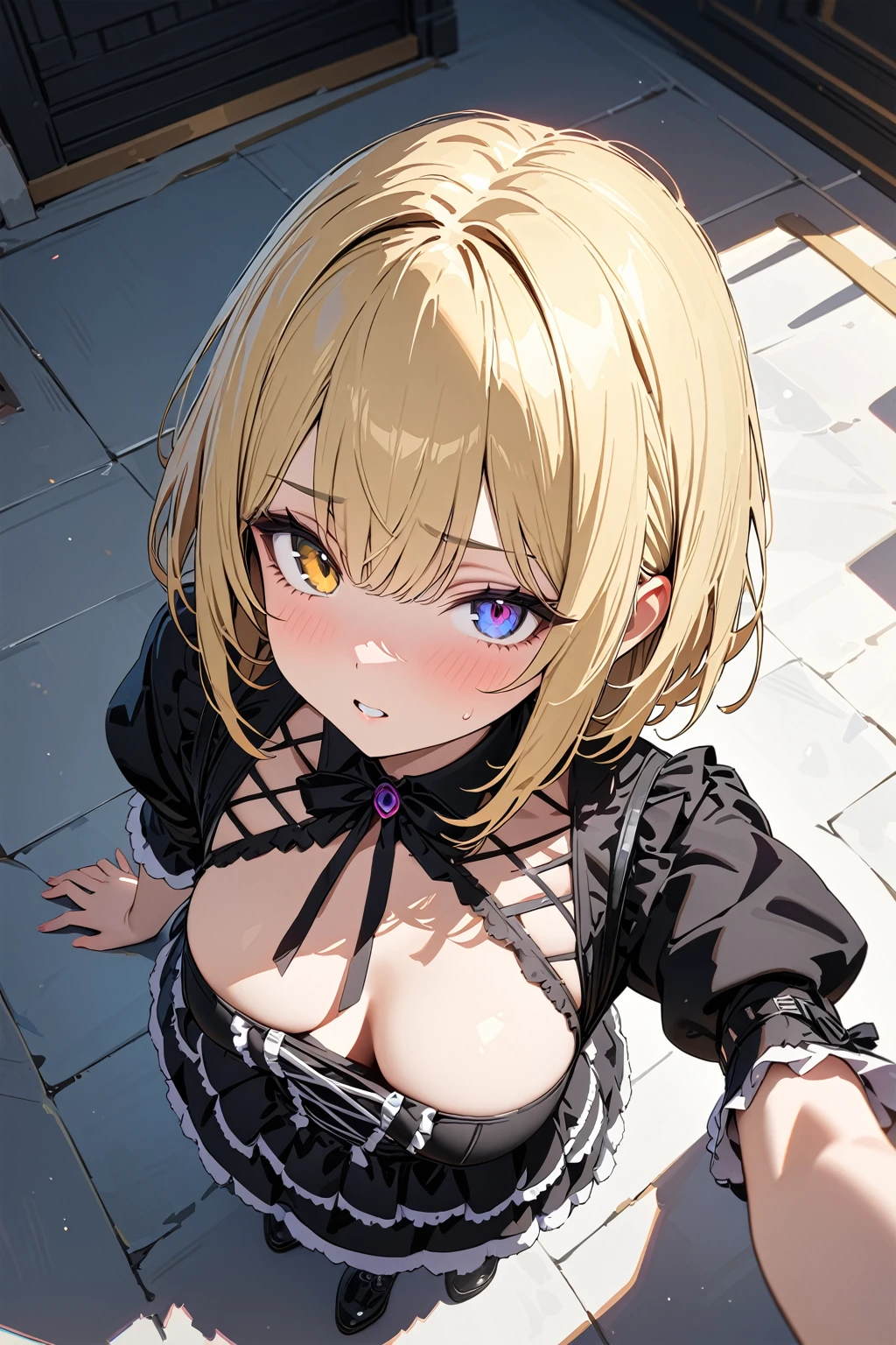 (masterpiece, best quality:1.5), (ultra detailed, high resolution, 8k, beautiful detailed, UHD, best anatomy), blonde bob cut hair, medium breasts, 1 cute small girl, thin white Gothic ta, from above, upturned eyes, One eye color is different from the other
