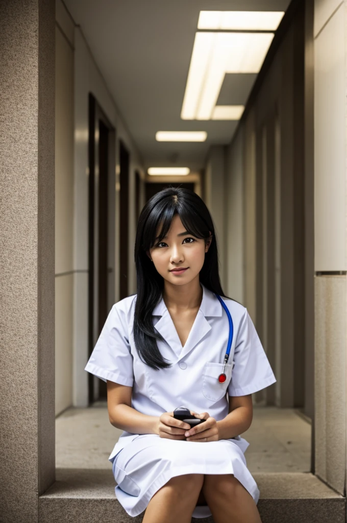 Black haired white nurse 1.68 tall sitting in front of a building with his hands full of blood and a scalpel