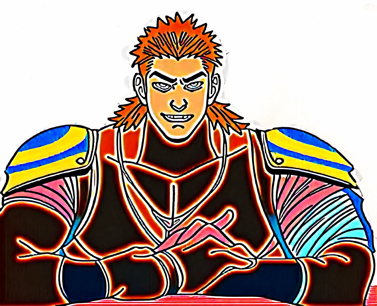 1boy, alone, solo, bara, muscular, dark skin, tan, 2 fangs, thick eyebrows, scars on his face, two-tone red hair, two tones of hair, red hair, necklace, shoulder armor, bandage on right hand, jewelry, manly, tribe warrior, orange eyes, detail in the eyes, anatomically correct, arms at rest