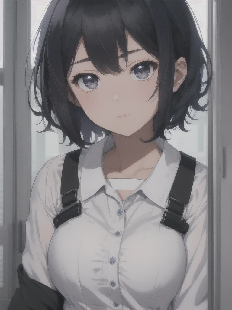 masterpiece, best quality, ultra-detailed, illustration, close-up, straight on, emotionless face, female, fluffy short dark blue hair, black eyes, fluffy short hair, wearing a office suit, a 22 years old girl, blank background, hide hands.