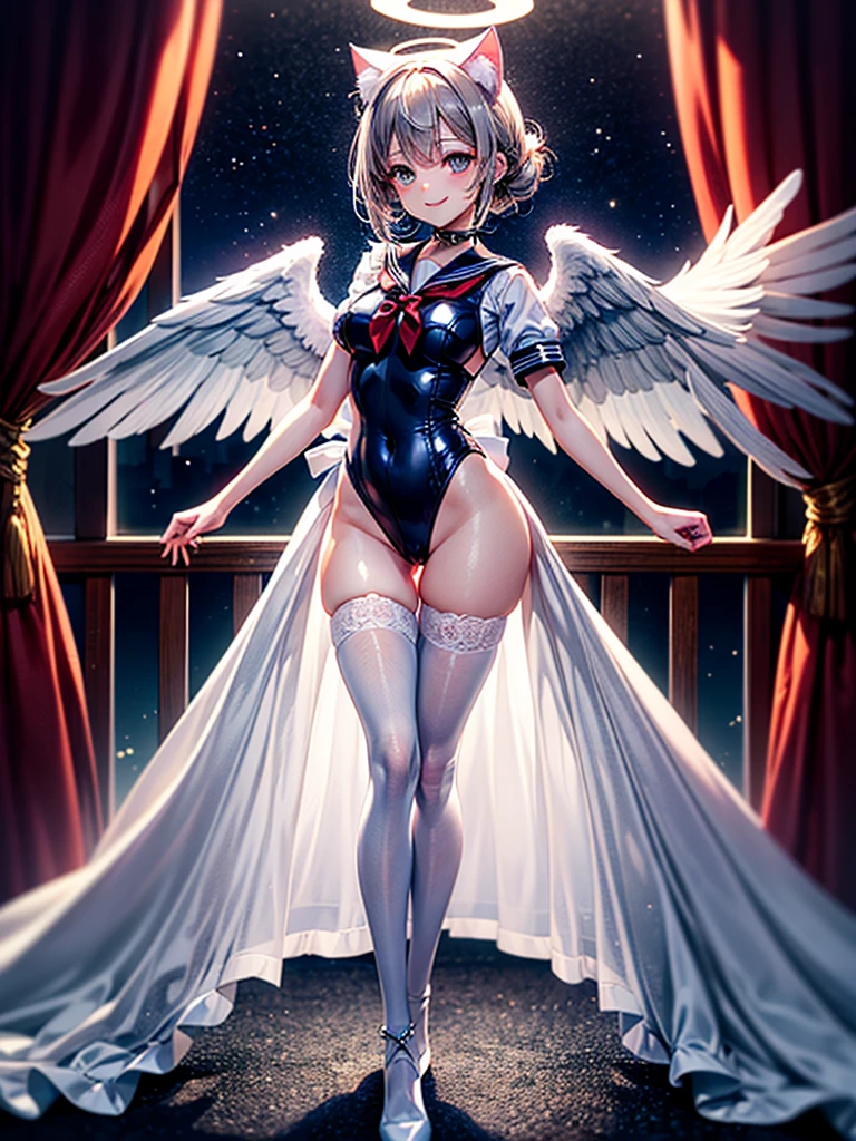 Highest Resolution,Highest quality,Smiling beautiful girl in sailor maid leotard,Knee-high stockings,High leg,(((Put your hands out in front of you))),Very beautiful eyes,White angel wings on your back,Halo,Bedroom,Standing posture,front,whole body,Night view outside the window,Cat ear,