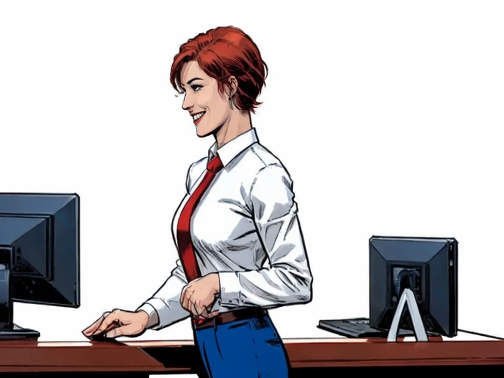 2 people, female administrator, restaurant guest, people communicate, Full side view, smile, detailed eyes, red short hair, White long sleeve shirt, Dark blue tie, Gray trousers, reception desk, White background,Marvel Comics Style, comics