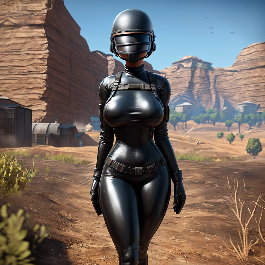 ((beautiful woman with a perfect figure, beautiful breasts and hips, she is fully dressed in a black latex suit, on her head is a helmet from PUBG, this helmet completely covers her face, image in ultra realistic landscape style)), ((ultra-detailed to the smallest detail, ultra realistic 8k graphics, Best quality))