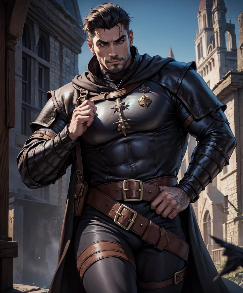 score_9, score_8_up, score_8, (((Single character image.))) (((1boy))) (((Dressed in medieval fantasy attire.))) (((This male character is sexy and virile.))) Generate a sinister male character for a dark fantasy setting. Dressed in medieval fantasy attire for a dark fantasy setting. Dressed in dark medieval fantasy attire. This individual is a criminal and a thug and a member of the town's dangerous criminal underworld. He is attractive and darkly handsome but has a nature to him that seems to be towards crime and the sinister activities that go on. top quality, best quality, official art, beautiful and aesthetic:1.2), extreme detailed, colorful, highest detailed, best quality:1.0,hyperealistic:1.0,photorealistic:1.0,madly detailed CG unity 8k wallpaper:1.0,masterpiece:1.3,madly detailed photo:1.2, hyper-realistic lifelike texture:1.4, picture-perfect:1.0,8k, HQ,best quality:1.0,