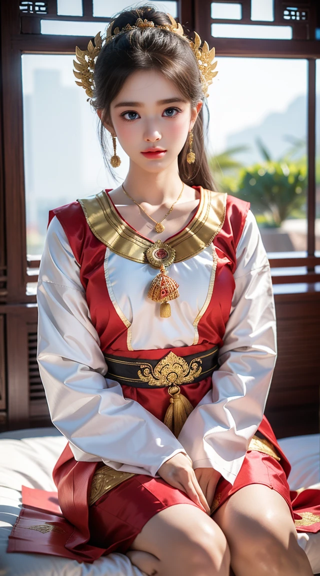 Wearing Thai clothing，Sexy的女人，红色眼睛Charm的，masterpiece，Very high quality，Traditional clothing copywriting，Dai costumes，Big ，Sexy，Charm，enchanting，bust，Clear face