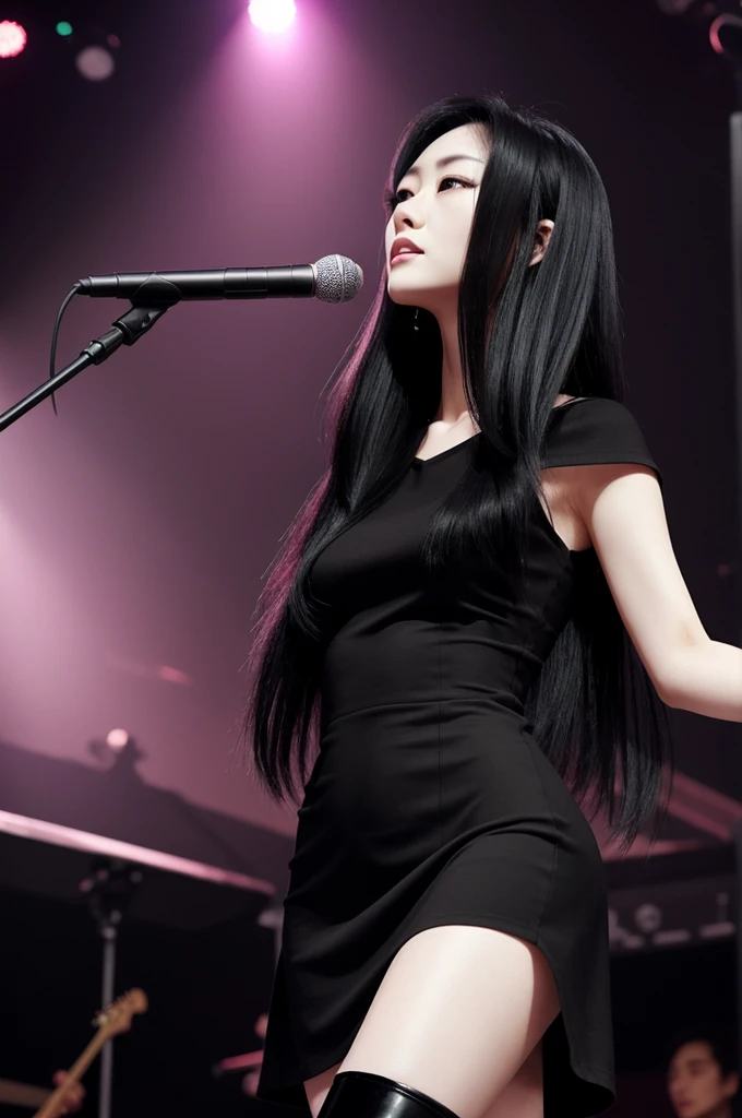 ((photorealist))
1 Japanese woman, long black hair, pale skin with pink undertones, Slim body with curves, black eyes, aegyosal, large eyes, long eyelashes, with a short black dress, black boots, at a concert 