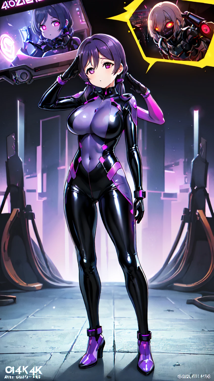 最high quality、Best image quality、masterpiece、((Nozomi Tojo Love Live))、Big breasted android girl((18-year-old、red, Glowing black and blue cyber suit、brainwashing,Combatant, Hollow Eyes,((Purple glowing eyes 1.5)), Huge breasts , Expressionless, Emotions are removed,(Black latex tight bodysuit),avert your eyes , whole body shape, ((stand up, Right hand salute)),(最high quality、4K、8k、High resolution、Must have:1.2)、Very detailed、(reality、that's reality的、reality的:1.37)、Best Bust、Bust 90、Twin tails、Open your chest wide、valley、happiness、thin、Expressionless、))high quality、Beautiful art、background((Metro City、cyber punk、Nightclub、Cyber World))、Tabletop、Exquisite design、Visual Arts、Concept Artist、Five Fingers, Perfect body, {{{masterpiece}}}, {{{最high quality}}}, {{Very detailed}}, {shape}, {{Very delicate and beautiful}},Improved cost performance、All Roles、Canon 5D MK4でphotograph、photograph,