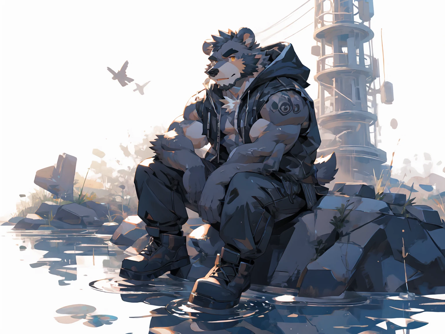 (masterpiece:1.2), best quality,pixiv,official art,perfect anatomy, (Ray tracing, light),solo, (1_male:1.3) , (muscle), (grey fur:1.4), (muscle bear), (beard:1.2), (gleaming golden eyes), bear tail, full body, Thick black eyebrows, (open short hoodie), (naked inside),Ripped short jeans, black short boots, (pure white background: 1.3), (on the water surface:1.3), (Salar de Uyuni:1.3), Reflection, reflect sky, wide