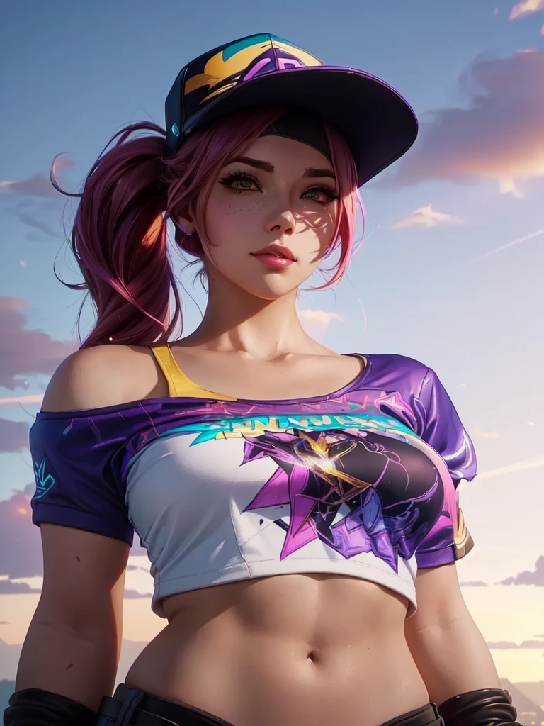 A close-up of a person wearing a hat and a shirt, Lois van Baarle y Rossdraws, alena aenami and artgerm, artgerm and Lois van Baarle, saw league of legends, rossdraws vibrant cartoons, Artgerm Julie Bell Beeple, kda, overwatch shadow, lois van ross draws