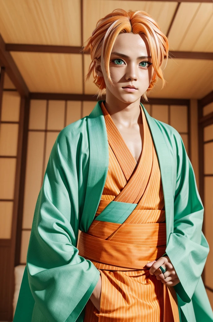 Generate an image of a kimetsu no yaiba character with the following qualities, who has blonde hair with orange highlights, light skin with two orange lines under the eyes, pastel green eyes, with a white kimono