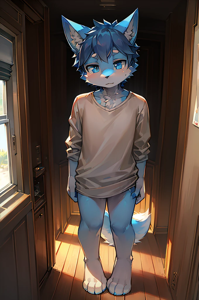Normal scenario (Furry light blue fox boy), Standing,Facing the camera, ((Melancholy, Detailed face, Clear big eyes,blue eyes,Meticulous attention to detail)), Natural and soft lighting, 8K, SF Express, Autumn Light , peaceful , (Fluffy Paws), Front view,Wearing a shirt