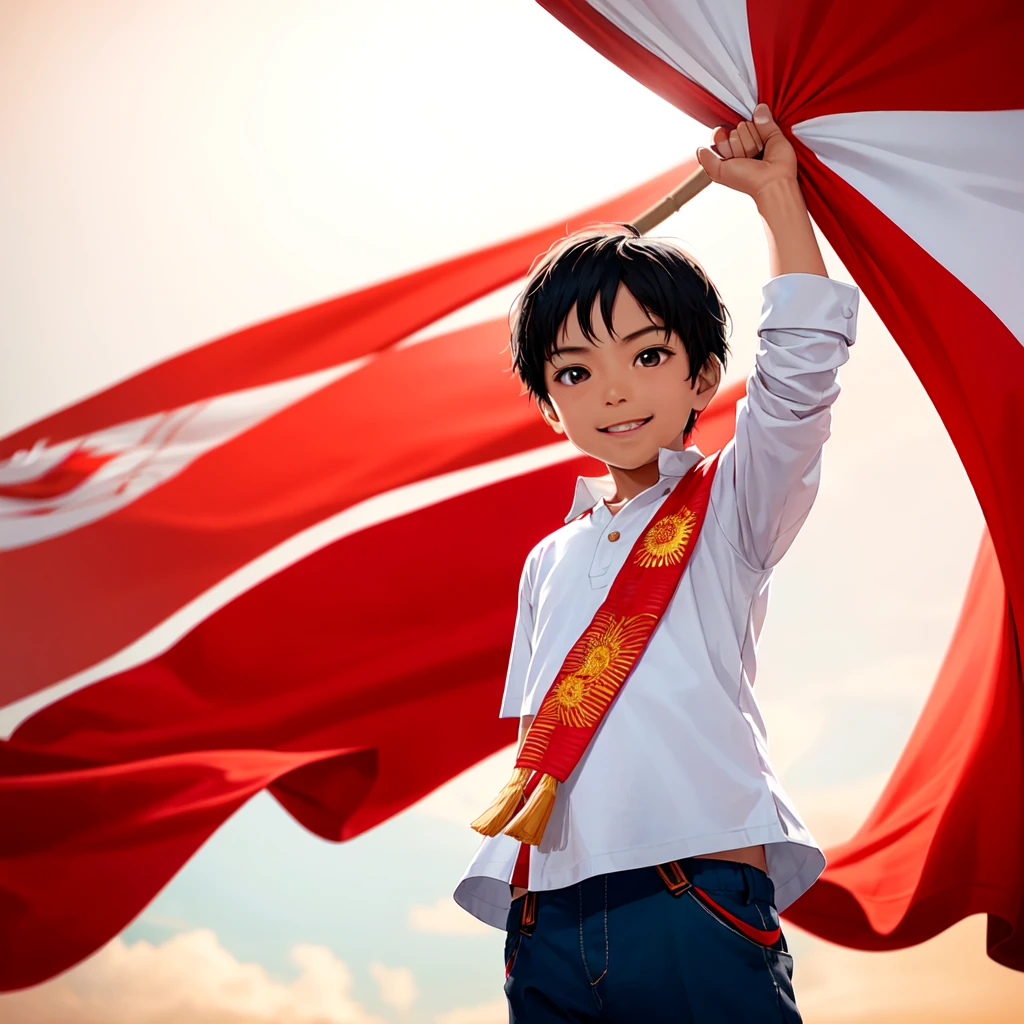 Create a vivid and heartwarming image of a young boy holding the Indonesian flag. The boy is around 7 years old, with short black hair and a bright, innocent smile on his face. He is wearing a traditional Indonesian outfit, complete with a batik shirt and comfortable, loose pants. The boy stands proudly, holding the red and white flag of Indonesia high above his head with both hands. The flag flutters gracefully in the wind, showcasing its vibrant colors.
