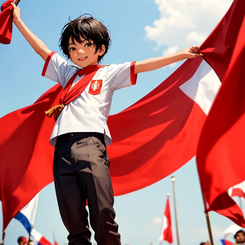 Create a vivid and heartwarming image of a young boy holding the Indonesian flag. The boy is around 7 years old, with short black hair and a bright, innocent smile on his face. He is wearing a traditional Indonesian outfit, complete with a batik shirt and comfortable, loose pants. The boy stands proudly, holding the red and white flag of Indonesia high above his head with both hands. The flag flutters gracefully in the wind, showcasing its vibrant colors.
