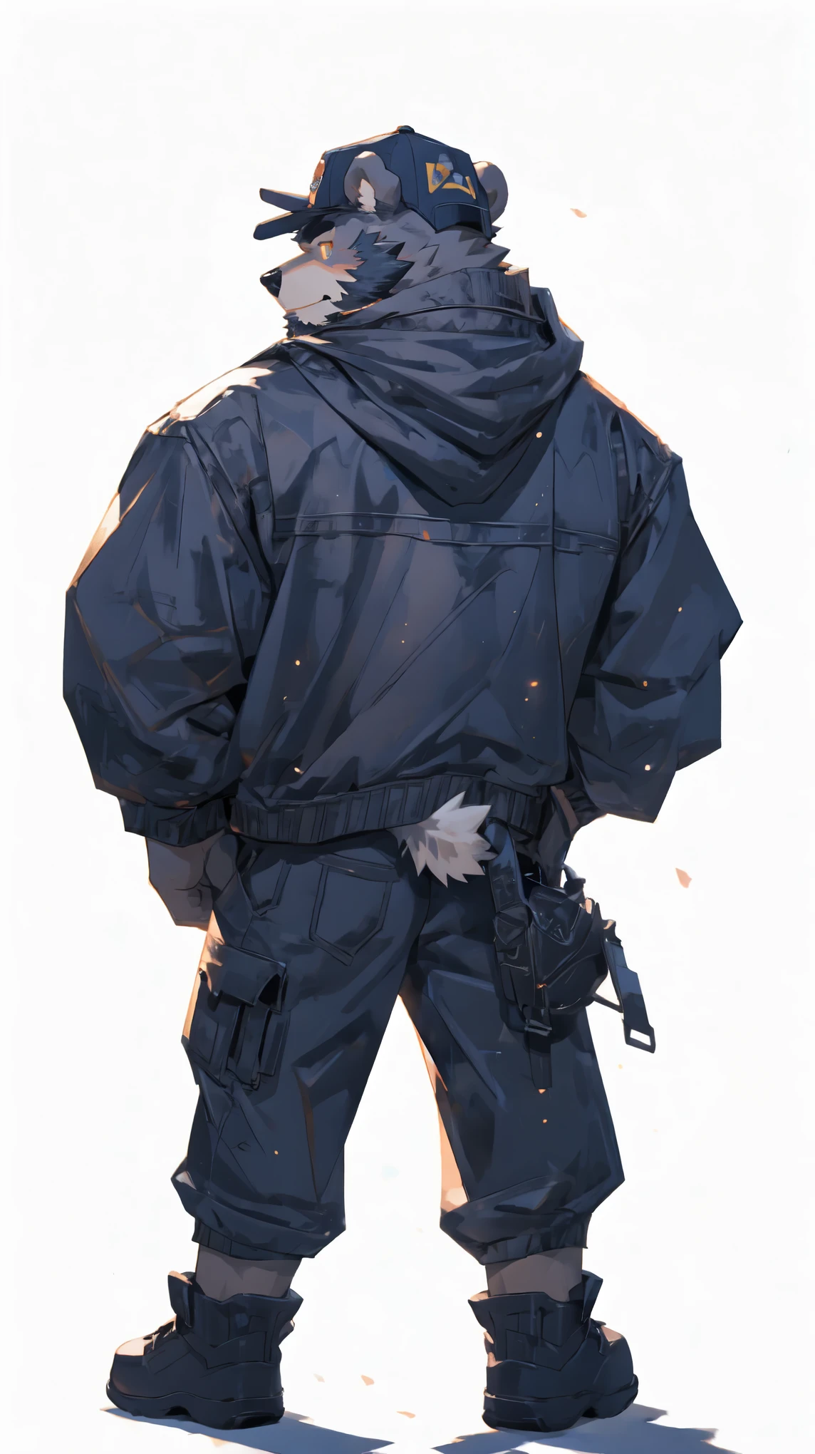 (masterpiece:1.2), best quality,pixiv,official art,perfect anatomy, (Ray tracing, light),solo, (1_male:1.3) , (muscle), (grey fur:1.4), (muscle bear), (beard:1.2), (gleaming golden eyes), bear tail, full body, Thick black eyebrows, baseball cap, (open short hoodie), (naked inside),Ripped short jeans, black short boots, (pure white background: 1.3), back view, (rear view:1.3), hand in the pocket