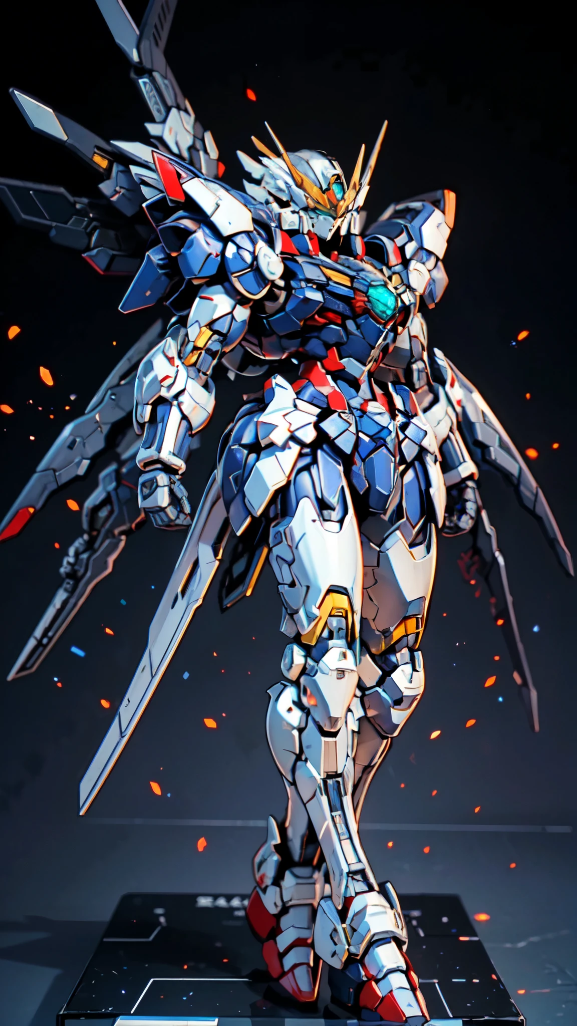 (masterpiece:1.5, best quality:1.5, extremely delicate:1.5), humanoid Mecha, fully enclosed shoulder guards, matching arm and leg guards, full body, full armor, the design balances heavy with agility, (the color scheme is primarily white with red and blue accents, the concept Inspired by Super robot, organic biotech armor, standing, floating high above the futuristic sci-fi city), exquisite and mature art style, (aura effect, energy, glowing eyes, the armor glows), ((RRS:1.2)), metallic, dramatic, high definition, highres, ultra-detailed, ultra-fine painting, professional, perfect body proportions, anatomically correct, symmetrical face, extremely detailed eyes and face, high quality eyes, creativity, RAW photo, UHD, 32k, Natural light, cinematic lighting, masterpiece-anatomy-perfect