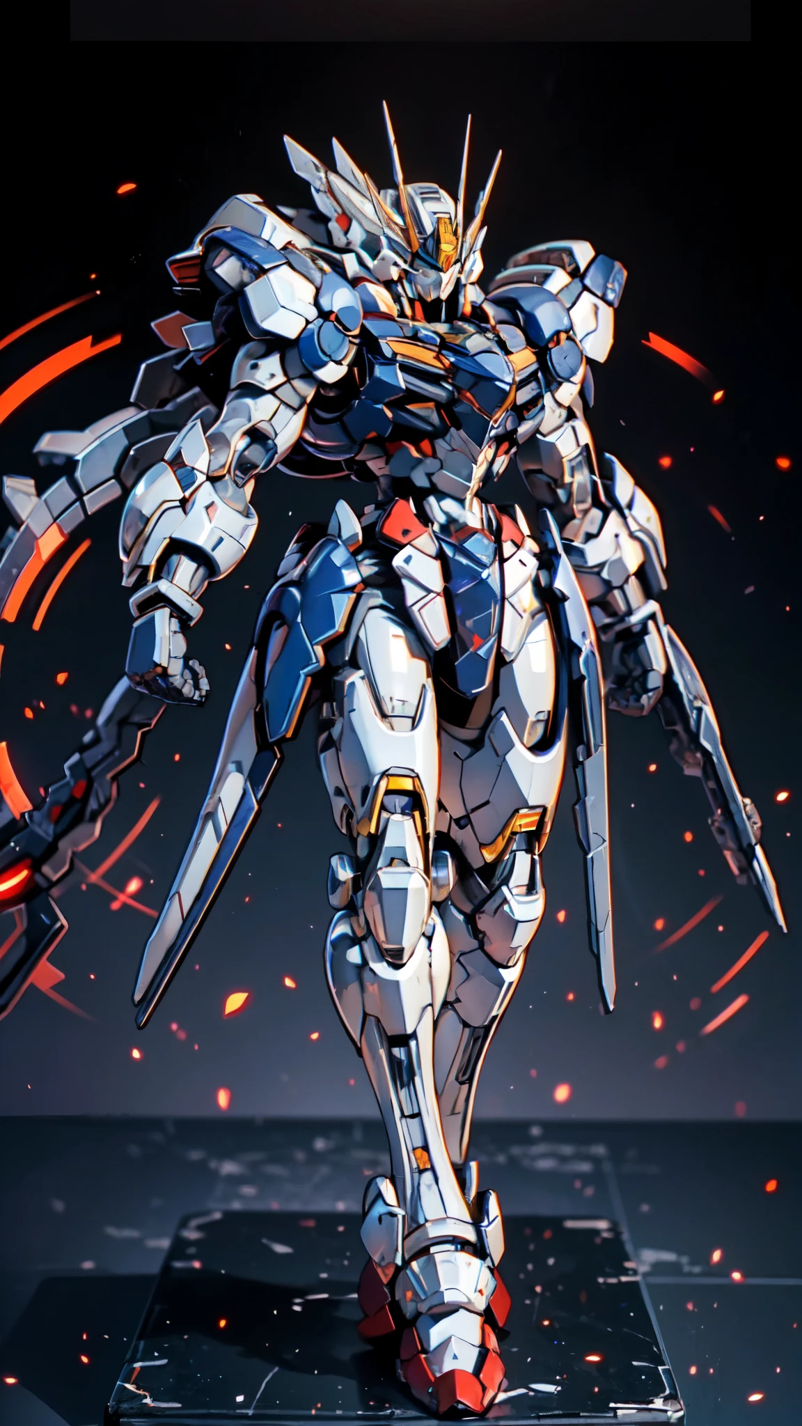 (masterpiece:1.5, best quality:1.5, extremely delicate:1.5), humanoid Mecha, fully enclosed shoulder guards, matching arm and leg guards, full body, full armor, the design balances heavy with agility, (the color scheme is primarily white with red and blue accents, the concept Inspired by Super robot, organic biotech armor, standing, floating high above the futuristic sci-fi city), exquisite and mature art style, (aura effect, energy, glowing eyes, the armor glows), ((RRS:1.2)), metallic, dramatic, high definition, highres, ultra-detailed, ultra-fine painting, professional, perfect body proportions, anatomically correct, symmetrical face, extremely detailed eyes and face, high quality eyes, creativity, RAW photo, UHD, 32k, Natural light, cinematic lighting, masterpiece-anatomy-perfect