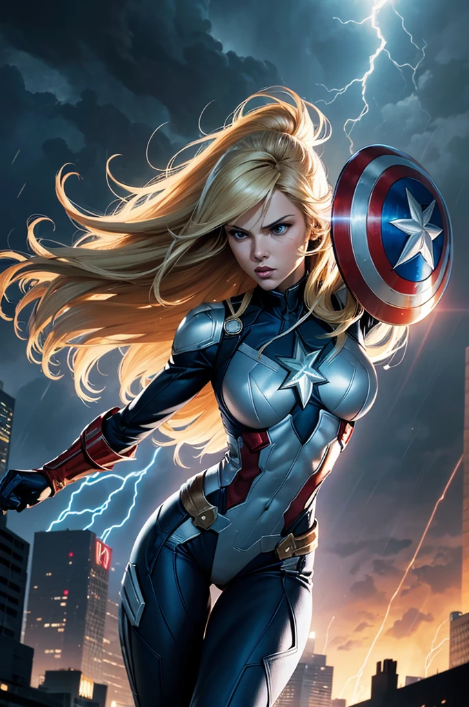Digital comic book illustration by Clayton Crain, a superheroine wielding elemental powers, handling shield, long blond hair, slim, slender, tiny chest, in a captain america costume that reflects her abilities, standing amidst a stormy cityscape lightning , strong contrasts, from a front angle, in a dynamic action scene, visually striking, immersive atmosphere,