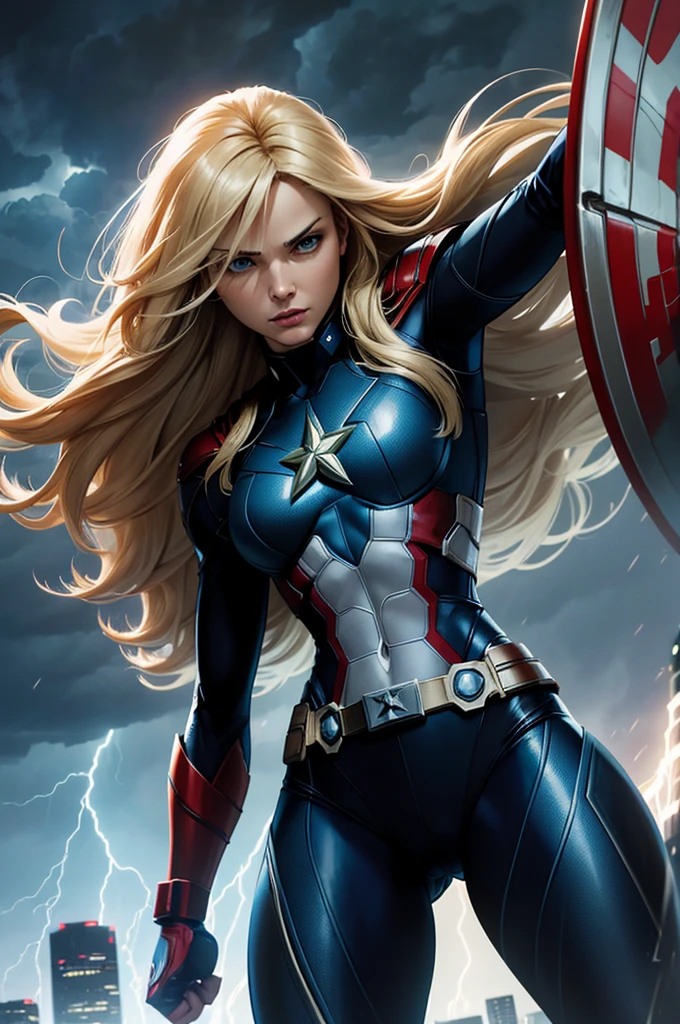 Digital comic book illustration by Clayton Crain, a superheroine wielding elemental powers, handling shield, long blond hair, slim, slender, tiny chest, in a captain america costume that reflects her abilities, standing amidst a stormy cityscape lightning , strong contrasts, from a front angle, in a dynamic action scene, visually striking, immersive atmosphere, 