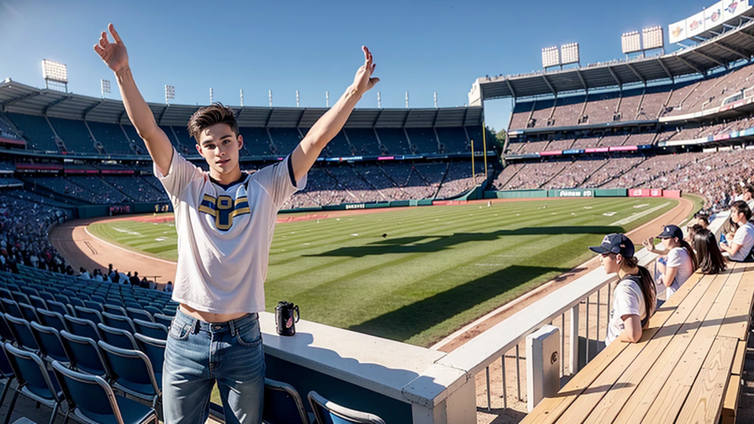 A Swedish man，(19 years old)，Raise your hands，White short-sleeved top，jeans,（CANON EOS R5 C），Elated，(best quality,4K,8K,high resolution,masterpiece:1.2),Extremely detailed,(Practical,Reality,Photo-real:1.37),Background is ((Stand in the audience)) stadium,Background is NFL 比赛场地,the audience was very large，（be booked up），very excited,author：Jacob Goldman,Bright Lights.,Warm atmosphere，