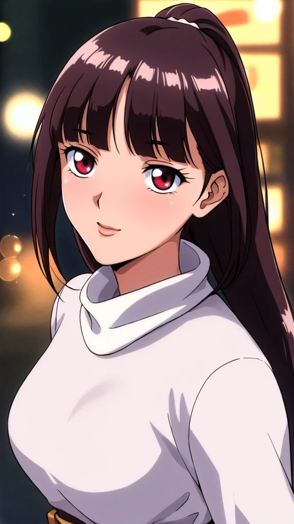 white turtleneck, black pencil shirt,black long skirt,white belt,hair ornament, hair scrunchie,low ponytail,
long hair,bangs, brunette, black hair, blunt bangs,big red eyes,alone, 1 girl,Young female, 18 years old, very cute, smile, Beautiful Finger,Beautiful long legs,Beautiful body,Beautiful Nose,Beautiful character design, perfect eyes, perfect face,expressive eyes, looking at viewer, in the center of the image,(light smile:0.5), official art, outdoor, portrait, perfect lighting,Colorful, Bright_Front_face_Lighting,shiny skin, (masterpiece:1.0),(best quality:1.0), ultra high res,4K,ultra-detailed, photography, 8K, HDR, highres, absurdres:1.2, Kodak portra 400, film grain, blurry background, bokeh:1.2, lens flare, (vibrant_color:1.2), (beautiful face), (curvy body), ashamed, blushing, glossy lip rouge, glossy crimson rouge, jealousy, SFW, seductive, charming,(attractive,enchanting,fascinating,captivating,bewitching,enthralling,entrancing,attractive,gripping,engrossing)