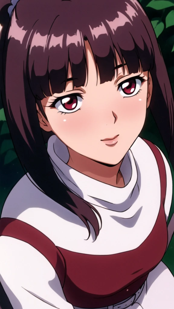 white turtleneck, black pencil shirt,black long skirt,white belt,hair ornament, hair scrunchie,low ponytail,
long hair,bangs, brunette, black hair, blunt bangs,big red eyes,alone, 1 girl,Young female, 18 years old, very cute, smile, Beautiful Finger,Beautiful long legs,Beautiful body,Beautiful Nose,Beautiful character design, perfect eyes, perfect face,expressive eyes, looking at viewer, in the center of the image,(light smile:0.5), official art, outdoor, portrait, perfect lighting,Colorful, Bright_Front_face_Lighting,shiny skin, (masterpiece:1.0),(best quality:1.0), ultra high res,4K,ultra-detailed, photography, 8K, HDR, highres, absurdres:1.2, Kodak portra 400, film grain, blurry background, bokeh:1.2, lens flare, (vibrant_color:1.2), (beautiful face), (curvy body), ashamed, blushing, glossy lip rouge, glossy crimson rouge, jealousy, SFW, seductive, charming,(attractive,enchanting,fascinating,captivating,bewitching,enthralling,entrancing,attractive,gripping,engrossing)