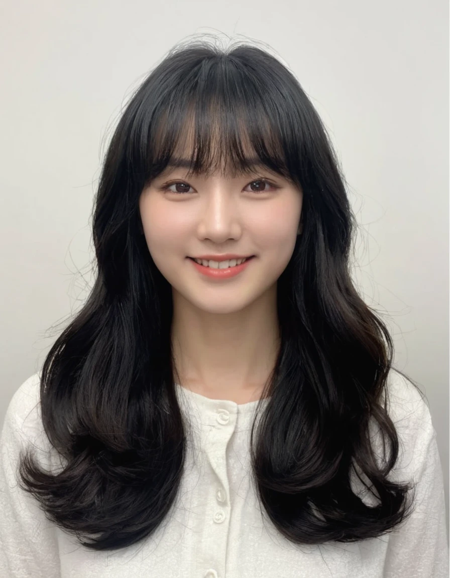 Best Quality, 8k, Masterpiece, (Portrait: 1.3), (photo realistic:1.4), (hyper realistic:1.4), Sharp Focus, looking at viewer, (smoother lighting:1.1), (increase cinematic lighting quality:0.9), realistic lighting, backlighting, light on face, ray trace, (brightening light:1.2), (Increase quality:1.4), sharp detail, (best quality real texture skin:1.4), finely detailed eyes, black_eyes, finely detailed face, 25 year old Korean woman, (white formal_shirt:1.4), (Create an image maintaining the original base model hairstyle:1.5)