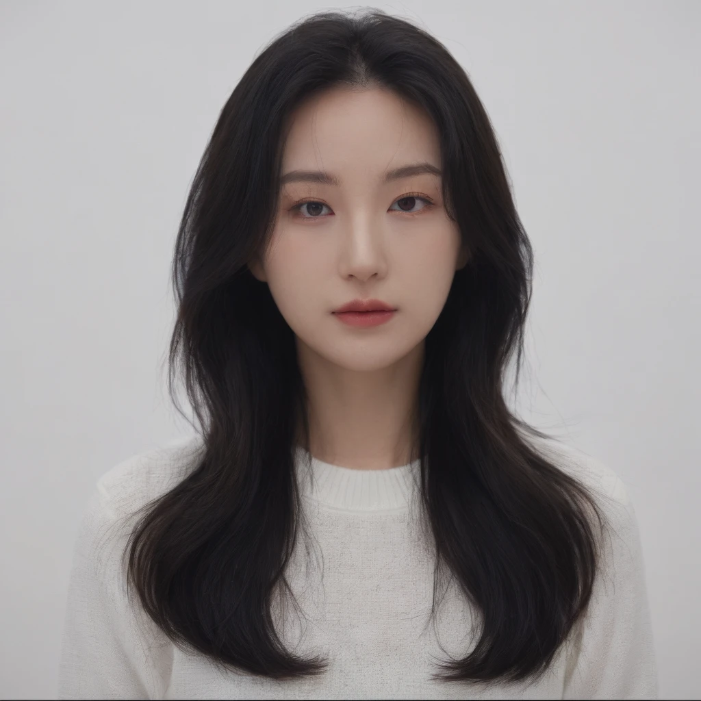 Best Quality, 8k, Masterpiece, (Portrait: 1.3), (photo realistic:1.4), (hyper realistic:1.4), Sharp Focus, looking at viewer, (smoother lighting:1.1), (increase cinematic lighting quality:0.9), realistic lighting, backlighting, light on face, ray trace, (brightening light:1.2), (Increase quality:1.4), sharp detail, (best quality real texture skin:1.4), finely detailed eyes, black_eyes, finely detailed face, 25 year old Korean woman, (white formal_shirt:1.4), (Create an image maintaining the original base model hairstyle:1.5)