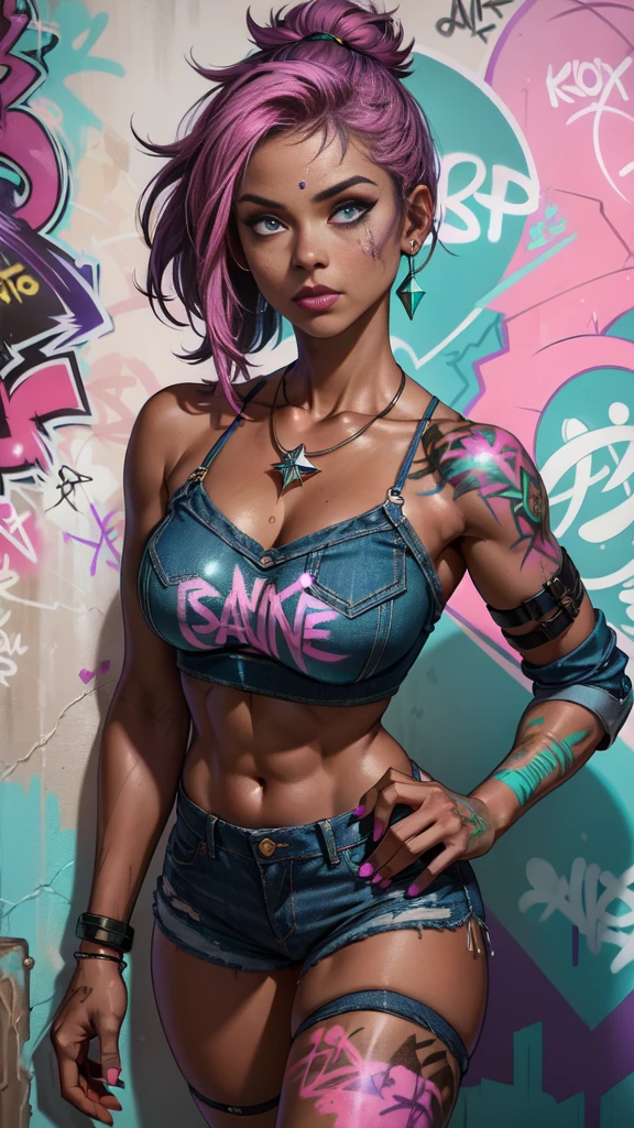 masterpiece, best quality, 1 Girl, Solitary, (Top of crop violet :1.4) ,(dark ebony skin:1.4), (Denim shorts pink :1.4) , Necklace, (Graffiti:1.4 ), Paint splatter, Put your hands behind your back, Against the wall, Looking at the audience, armband, Thigh straps, Body paint, Head tilt, boring, Colorful hair, (Aqua eyes:1.4) , earphone,(face detailed :1.4), (colores brillantes cyberpunk)