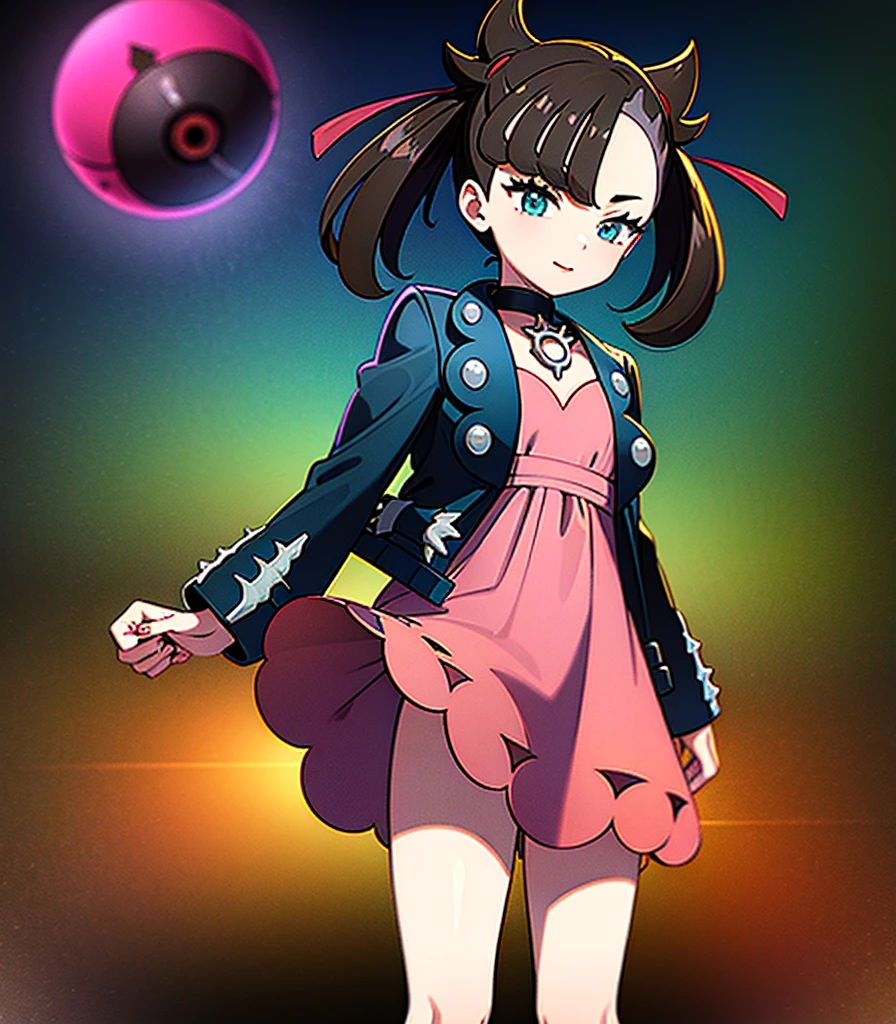 masterpiece, Highest quality, High resolution, Marnie, Aqua Eye, Black choker, Red ribbon, Pink Dress, jewelry, Black jacket, Open clothes, Long sleeve, Cowboy Shot, Are standing, forest, holding Pokéball, Pokéball \(Basic\), smile, Open your mouth,Background is wood々が生い茂るforestです.:1.2,Draw a person in the center of the screen,Depict the top of your head,{{{Perfect hand shape:1.2}}},marnie