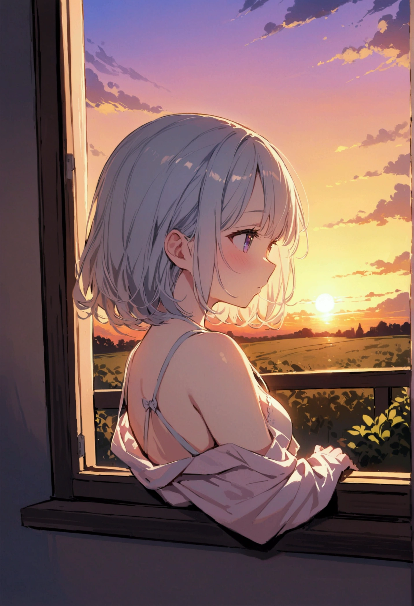 Highest quality、masterpiece（A girl with silver bob hair looks out the window at school）、sunset　countryside　From a distant position