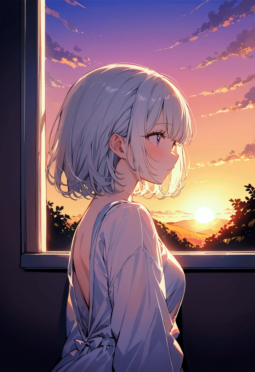 Highest quality、masterpiece（A girl with silver bob hair looks out the window at school）、sunset　countryside　From a distant position