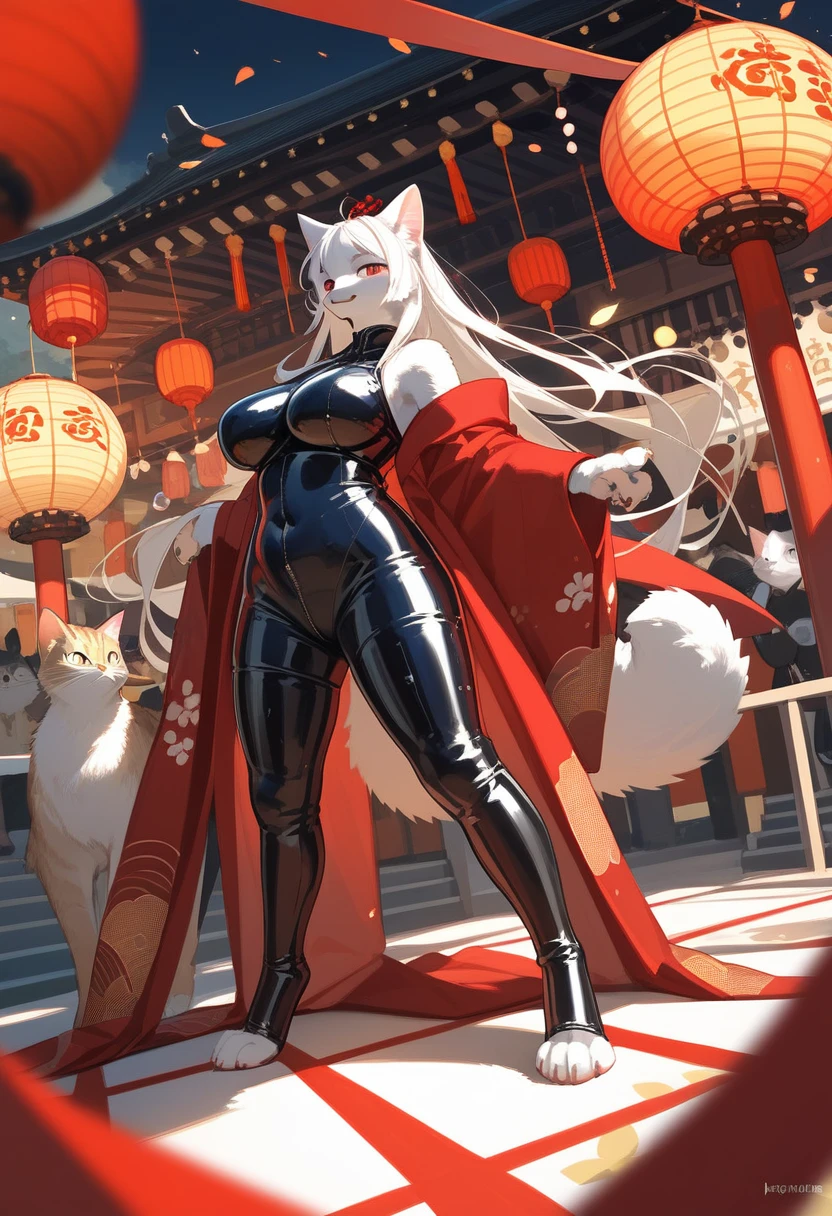 Highest quality, Highest quality, High quality illustrations, masterpiece, Ultra-high resolution, Detailed Background, Kyoto, Festivals, Absurd, Perfect Anatomy, performance, Good lighting, Shadows in the movies(kemono, Furry PersonifiCation), Cat, Long Hair, Red kimono, latex, rubber