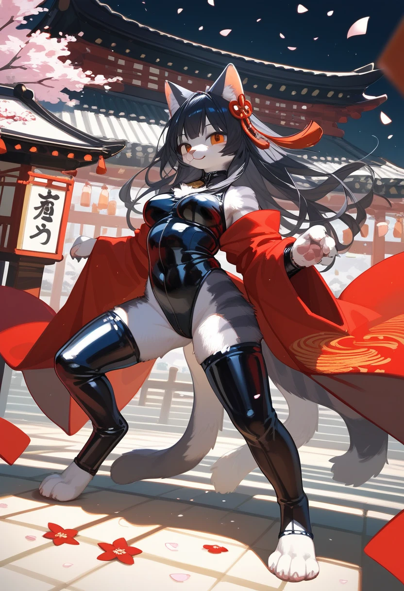 Highest quality, Highest quality, High quality illustrations, masterpiece, Ultra-high resolution, Detailed Background, Kyoto, Festivals, Absurd, Perfect Anatomy, performance, Good lighting, Shadows in the movies(kemono, Furry PersonifiCation), Cat, Long Hair, Red kimono, latex, rubber