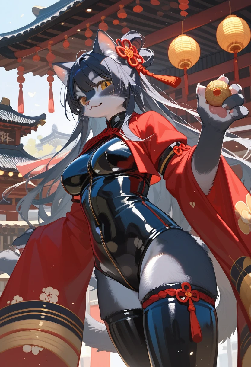 Highest quality, Highest quality, High quality illustrations, masterpiece, Ultra-high resolution, Detailed Background, Kyoto, Festivals, Absurd, Perfect Anatomy, performance, Good lighting, Shadows in the movies(kemono, Furry PersonifiCation), Cat, Long Hair, Red kimono, latex, rubber