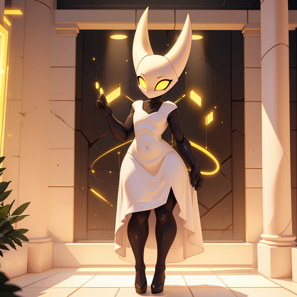 (masterpiece), ((perfect anatomy)), (high Res), (4k), hornet, ((insectoid)), ((segmented body)), ((insect body parts)), (((white head))), 3 fingers(index, middle and thumps), ((((yellow glowing eyes)))), flat chest, wide hips, black body, ((((white head)))), (((white full body skin tight royal dress)), (((solo))), narrow waist, (cute artstyle), ((mind controlled)), ((brainwashed)), (no emotions), standing inside a white throne room