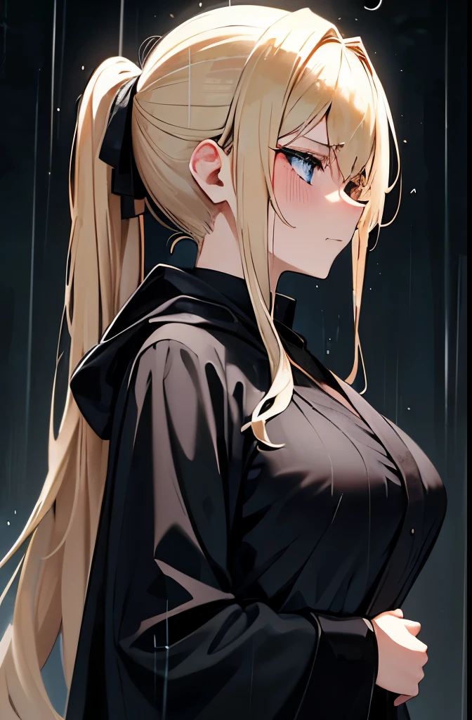 blonde,ponytail,black long robe,Put on the hood,blue eyes,Large Breasts,thin,Serious face,blush,rain,forest,night,Downward,Gloomy face,Trying to take off,