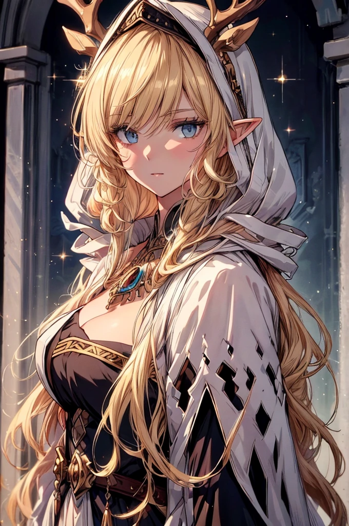 (Best quality at best, 4K, 8K, A high resolution, tmasterpiece:1.2),elf, ultra - detailed, Noble maiden, exquisite facial features，Long blonde white hair details expressed, eyes blue, Beautiful posture, Fantastical Atmosphere, expressive brush strokes, mystical ambiance, Artistic interpretation,Delicate curls，Detailed floral jewelry, Crystal diamond jewelry，Small fresh aesthetics，Stunning intricate costumes, Fantasy illustration, Subtle colors and tones, The details have been upgraded