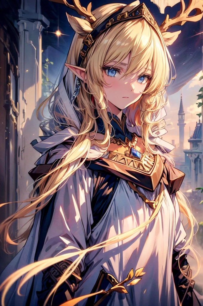 (Best quality at best, 4K, 8K, A high resolution, tmasterpiece:1.2),elf, ultra - detailed, Noble maiden, exquisite facial features，Long blonde white hair details expressed, eyes blue, Beautiful posture, Fantastical Atmosphere, expressive brush strokes, mystical ambiance, Artistic interpretation,Delicate curls，Detailed floral jewelry, Crystal diamond jewelry，Small fresh aesthetics，Stunning intricate costumes, Fantasy illustration, Subtle colors and tones, The details have been upgraded