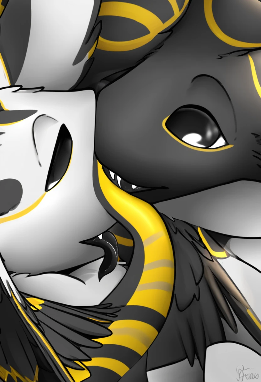 Avali with bright black and white plumage and pronounced yellow stripes, who share "territory" black and white, and also with the upper pair of ears raised up and with a black tongue, which is more similar to the thickened tongue of a snake and black eyes with yellow hollow circles in the middle of the eye...