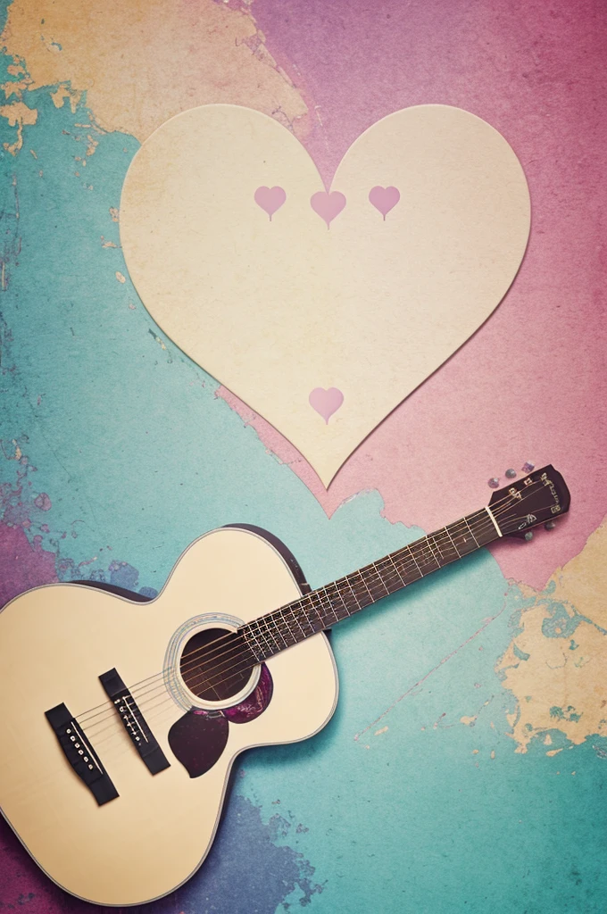 Digital book cover with heart silhouettes, Acoustic guitar, musical notes in pastel tones