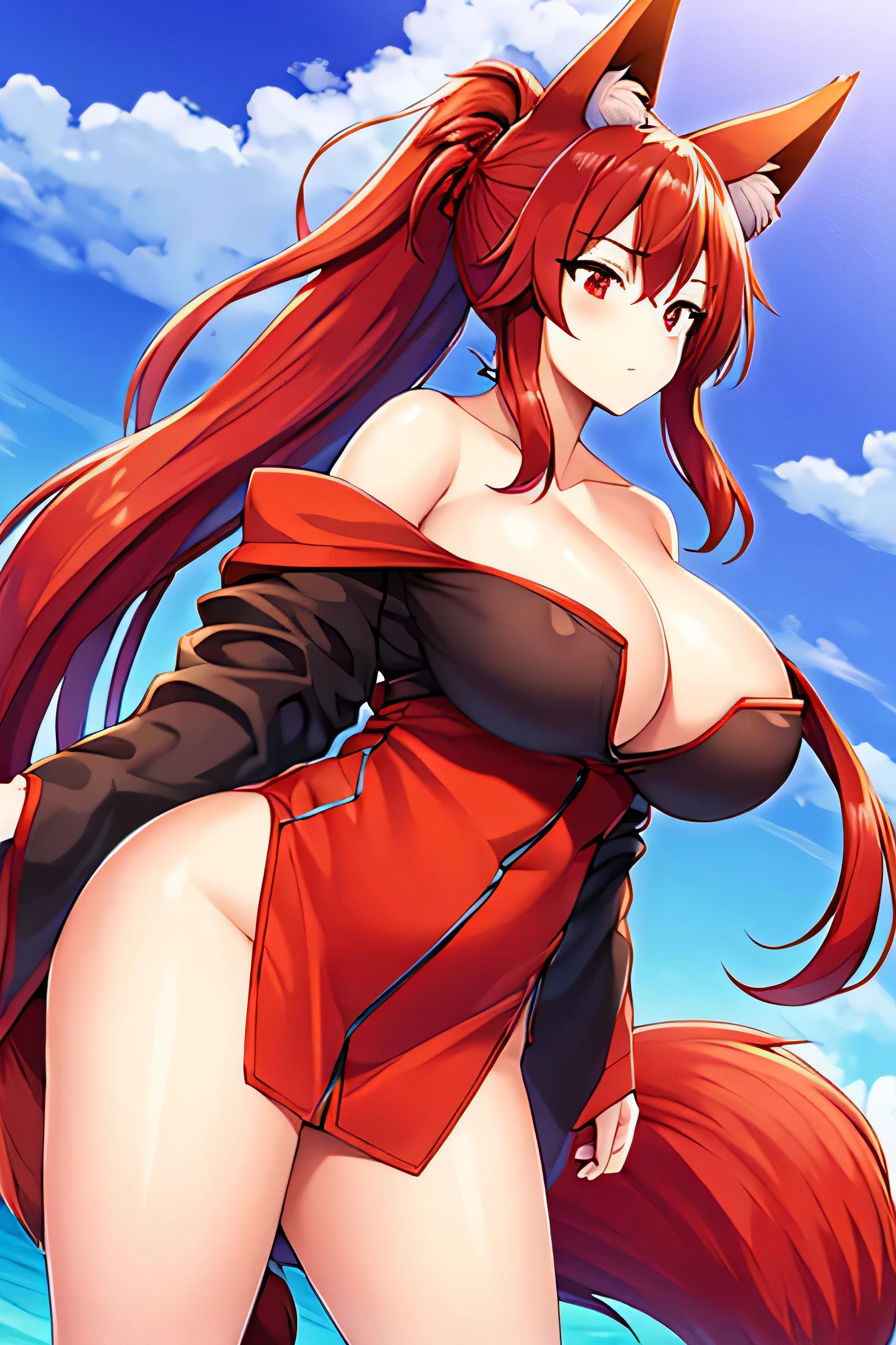 A big-breasted woman with long red hair, a ponytail, fox ears and a tail, completely naked with inverted nipples