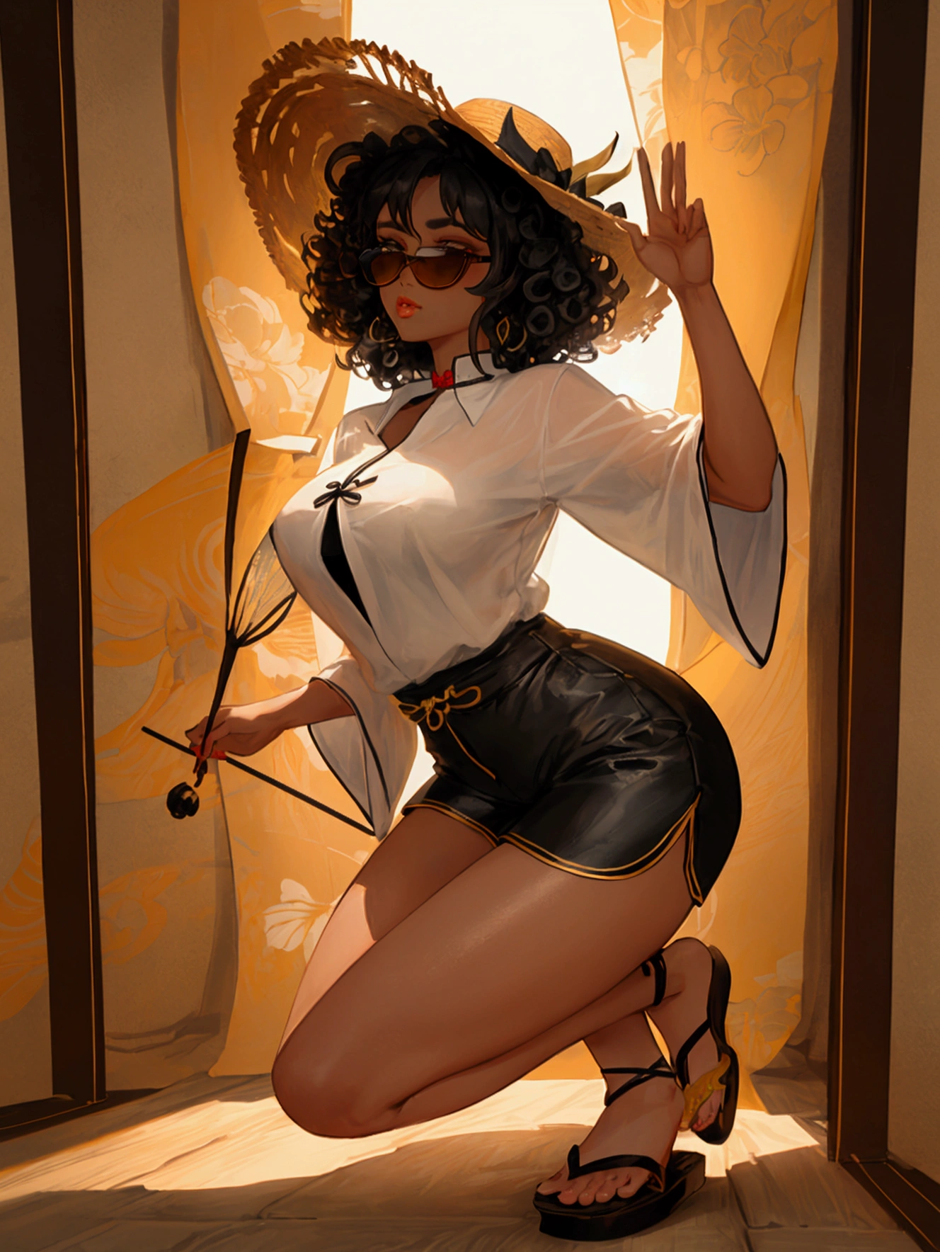 8K, masterpiece, ultra-high definition, full-body image, high contrast, a beautiful woman with a gentle exterior, curly perm, straw hat worn at an angle, beautiful eyes with double eyelids, sunglasses set low, thick lips, open-collar aloha shirt, baggy shorts, sandals, right hand hiding power, flashy effects, Japanese garden in the background, black and white image with gold accents, rough Chinese ink painting touch