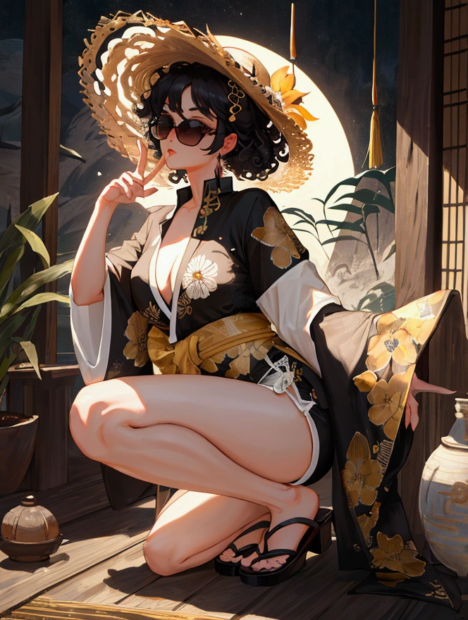 8K, masterpiece, ultra-high definition, full-body image, high contrast, a beautiful woman with a gentle exterior, curly perm, straw hat worn at an angle, beautiful eyes with double eyelids, sunglasses set low, thick lips, open-collar aloha shirt, baggy shorts, sandals, right hand hiding power, flashy effects, Japanese garden in the background, black and white image with gold accents, rough Chinese ink painting touch