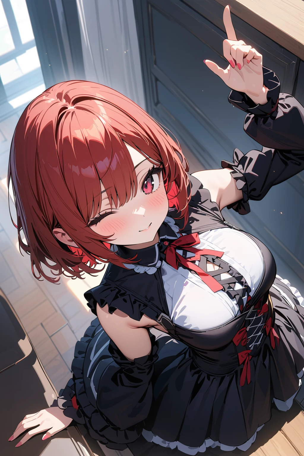 (masterpiece, best quality:1.5), (ultra detailed, high resolution, 8k, beautiful detailed, UHD, best anatomy), red bob cut hair, medium breasts, 1 cute  girl, thin white Gothic Lolita, from above, upturned eyes, One eye color is different from the other