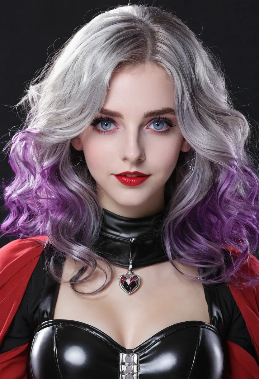 1 girl, 独奏, longye hair, silver hair, purples eyes, red and black outfit, wavy hair, gazing at viewer, slightly separated lips, anatomically correcte, facing the front, Grinning, American physical characteristics